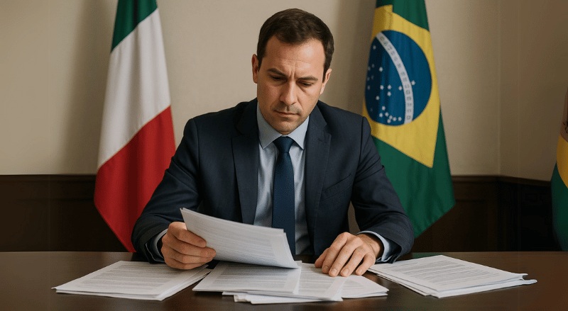 A imagem mostra um funcionário sentado em uma mesa de um consulado, analisando atentamente uma pilha de documentos