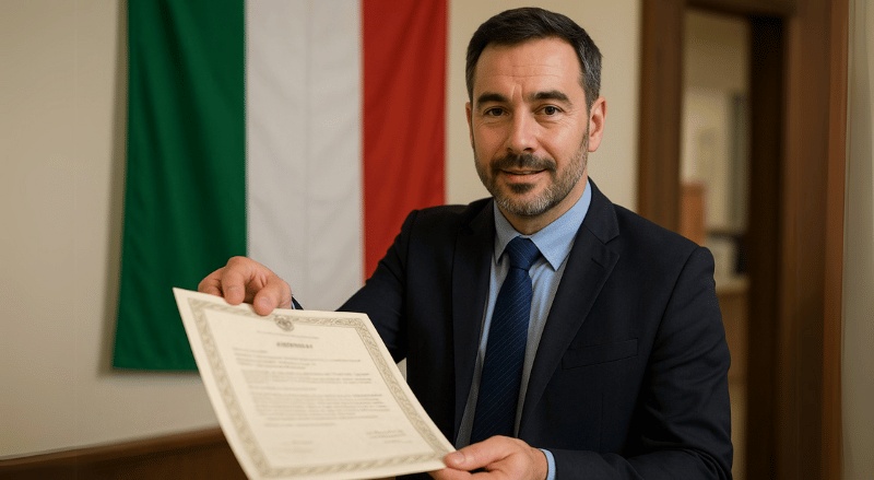 Funcionário de cartório entrega uma certidão com expressão cordial; ao fundo, destaca-se uma bandeira da Itália em ambiente institucional.