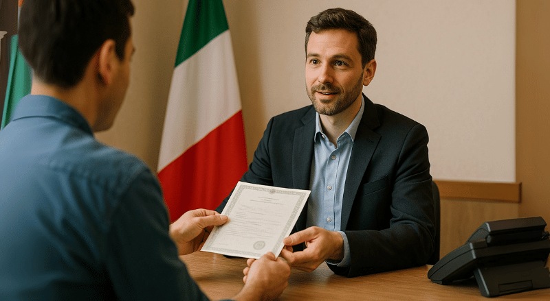 Uma pessoa entrega uma certidão a um funcionário do cartório, com a bandeira da Itália visível ao fundo em ambiente formal.
