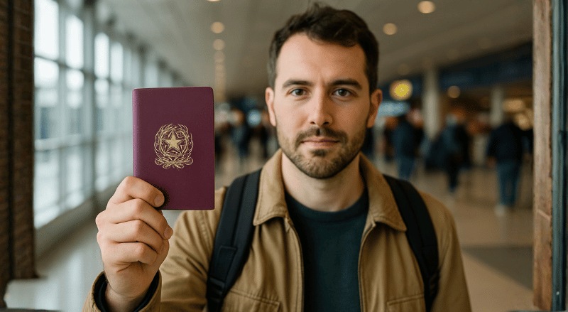 Pessoa em um aeroporto segurando um passaporte italiano, com expressão neutra e ambiente moderno ao fundo, em iluminação natural e realista