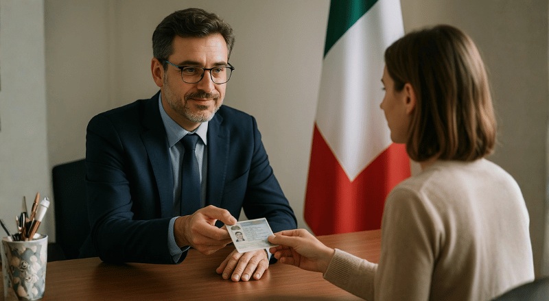 um funcionário italiano entrega um visto a uma pessoa à sua frente