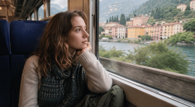 Pessoa sentada dentro de um trem, observando pela janela uma paisagem costeira italiana, com expressão pensativa e iluminação natural suave, em um ambiente interno realista e tranquilo.