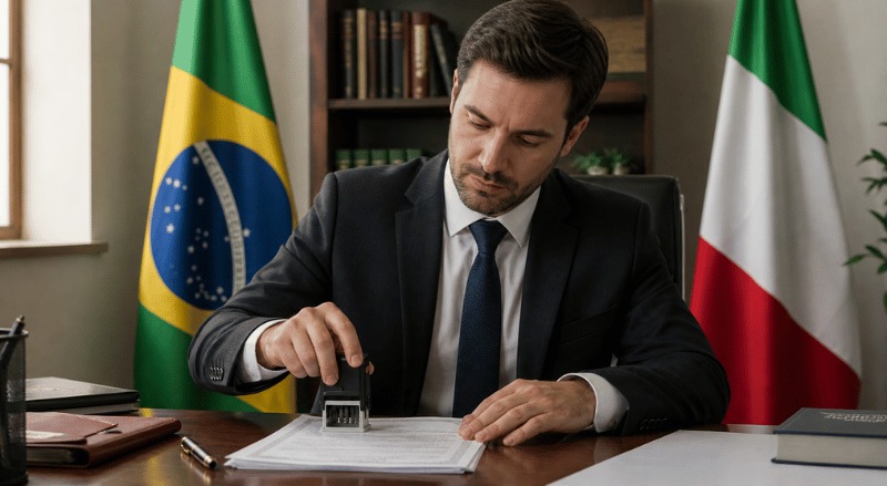 Um tradutor juramentado está sentado em um escritório, carimbando uma certidão sobre a mesa, com expressão concentrada. Ao fundo, aparecem as bandeiras do Brasil e da Itália, em um ambiente profissional com iluminação suave e natural.
